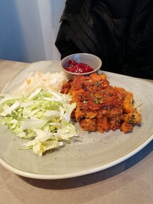 Roast with cranberry gravy and salad topping at Nordvegan in Oslo