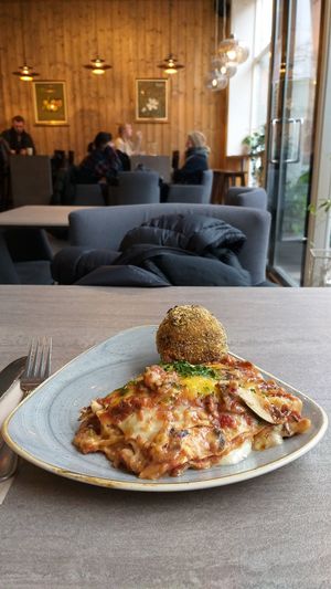 Arancini and lasagne. It was so yum. at Nordvegan in Oslo