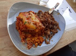 Enchilada and fried oyster mushrooms at Nordvegan in Oslo