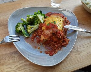 lasagna and broccoli at Nordvegan in Oslo