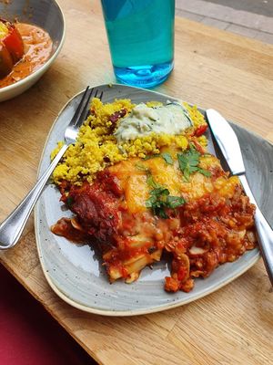 lasagne with cous cous salad and tzatziki at Nordvegan in Oslo