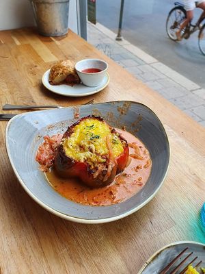 stuffed bell pepper with sausage roll and sweet chili sauce at Nordvegan in Oslo