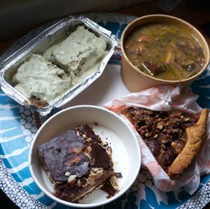 Delivery Menu: Endive/jambon/béchamel, Pot au feu, Opera, Apple/Praline Tart at Le Faitout Vegan in Paris