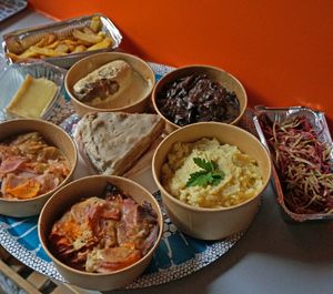 Mushroom steak/Mashed Potatoes/Vegetable Gratin/Andouille/Fries/Pumpkin Cake at Le Faitout Vegan in Paris