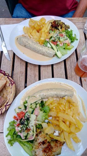 main dish - andouille in mustard sauce with veggies au gratin at Le Faitout Vegan in Paris
