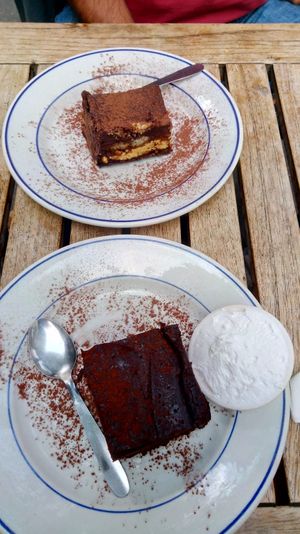 chocolate cake and opéra ( choco-coffee layered cake) at Le Faitout Vegan in Paris