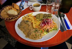 Andouillette w/fries and salad at Le Faitout Vegan in Paris