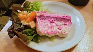 'Goat' cheese and beetroot terrine at Le Faitout Vegan in Paris