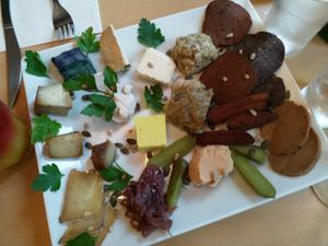Cheese and characutarie 'sharing' board February 2020 at Le Faitout Vegan in Paris