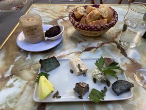 Cheese plate and fois gras  at Le Faitout Vegan in Paris