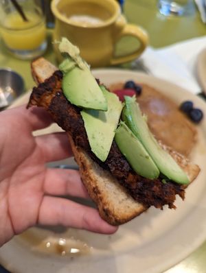 Toast, vegan chorizo and avocado together. at Snooze in Houston
