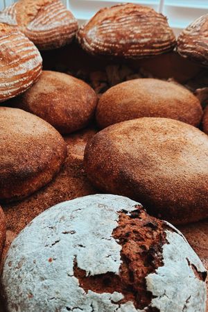 Organic country loaves sprouted whole wheat loaves and Ukrainian rye bread. at Lokal Bread in Williamsburg