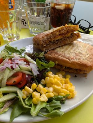 Sourdough panini - haggis, vegan cheese, chilli jam at Musicker in Isle Of Bute
