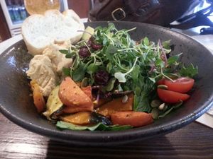 Mixed bowl of greens, hummus and sweet potatoes.  So fresh and delicious~ at Fat Cat Neighborhood Bistro - 팻캣 in Seoul