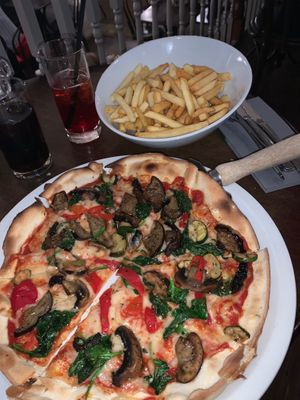 Custom veggie pizza with cheese and 🍟 at The Emporium in Clitheroe