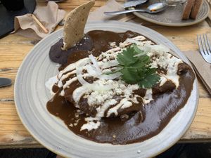 Enveganadas de mole  at Aura Vegana in Mexico City