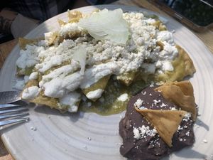 Green tofu chilaquiles  at Aura Vegana in Mexico City