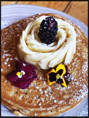 Best vegan pancakes ever (there is red fruit sauce served with it) at Aura Vegana in Mexico City