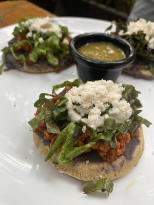 Sopes de soya at Aura Vegana in Mexico City