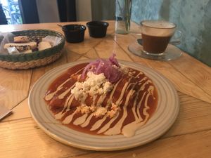 Enveganadas con guajillo. at Aura Vegana in Mexico City