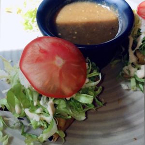 Tacos dorados de jamaica at Aura Vegana in Mexico City