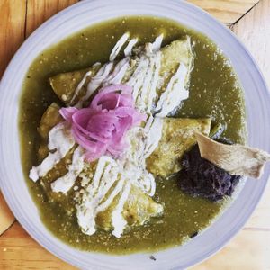 Green enveganadas  at Aura Vegana in Mexico City