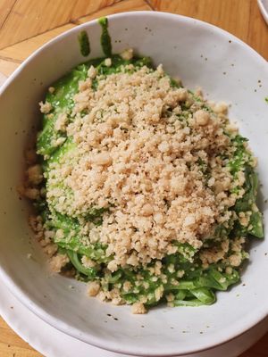Delicious spinach pasta🤤 at Aura Vegana in Mexico City