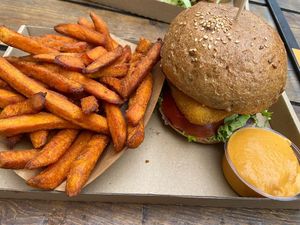 Der Sweet Dreams mit Süßkartoffel Pommes und Extra Käse Sauce   at Las Vegan's - Kazinczy Trailer in Budapest