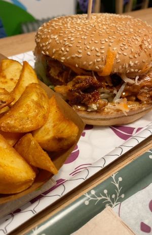 Pulled ‘pork’ burger and steak cut fries  at Las Vegan's - Kazinczy Trailer in Budapest