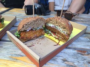carrot burger on the left and seitan burger on the right ;) at Las Vegan's - Kazinczy Trailer in Budapest