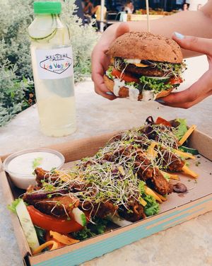 Las Vegan's seitan burger and seitan plate.  at Las Vegan's - Kazinczy Trailer in Budapest