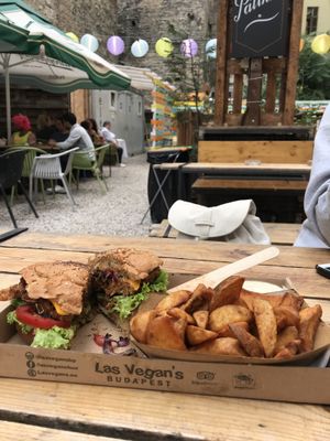 Seitan burger and fries! at Las Vegan's - Kazinczy Trailer in Budapest