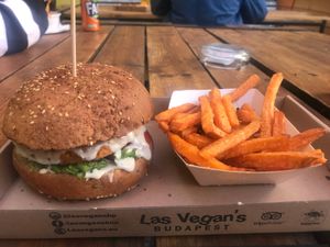 the carot burger + sweet potato fries at Las Vegan's - Kazinczy Trailer in Budapest