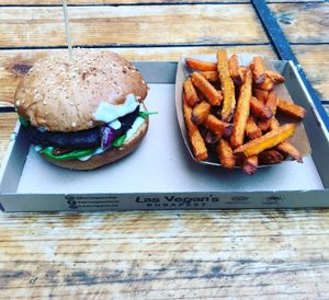 Magic mushroom burger & sweet potato  at Las Vegan's - Kazinczy Trailer in Budapest