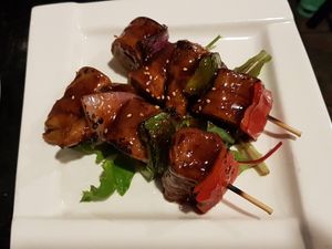Seitan Skewer with Satay Sauce at Ginger Root in New York City