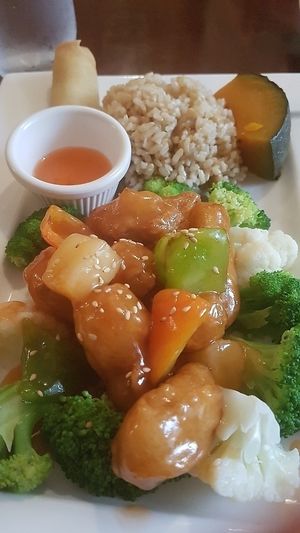 Sweet and sour protein  (akin to chicken) at Ginger Root in New York City