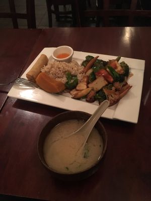 Sautéed tofu and vegetables lunch special at Ginger Root in New York City