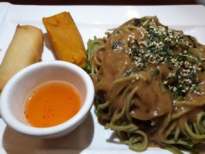 Cold green tea noodles with sesame sauce at Ginger Root in New York City