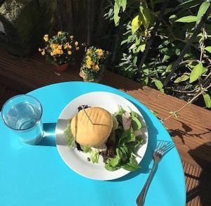 burger out in the beautiful garden at Holy Cow in Edinburgh