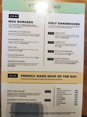 Food menu at Holy Cow in Edinburgh