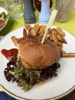 Vietnamese burger and chips  at Holy Cow in Edinburgh