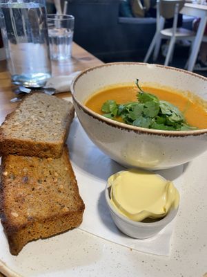 Daily changing soup   at Holy Cow in Edinburgh