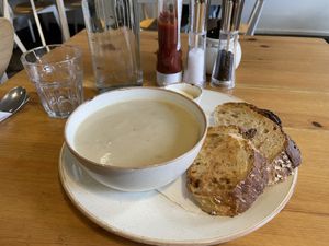 Cauliflower and tahini soup, sourdough bread  at Holy Cow in Edinburgh