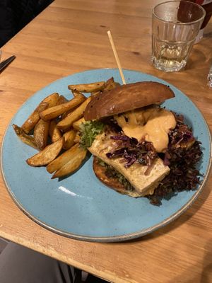 Tofu burger and chips   at Holy Cow in Edinburgh