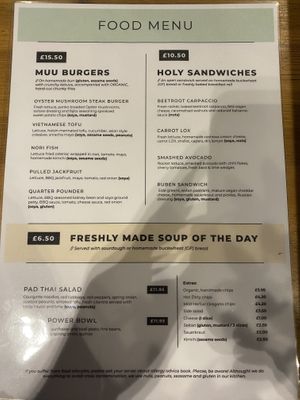 Food menu  at Holy Cow in Edinburgh