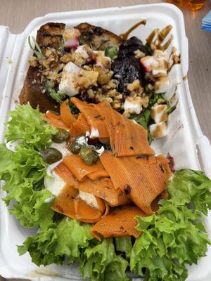 Beetroot carpaccio (back), carrot lox (front). Full portions are double the size - this was half each    at Holy Cow in Edinburgh