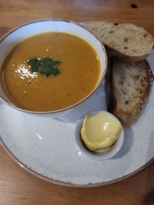 sourdough and butter were good, soup was not so good at Holy Cow in Edinburgh