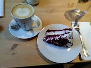 Red velvet cake and coconut milk latte at Holy Cow in Edinburgh