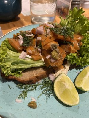 Carrot lox was tasty, but the bread at the bottom was a bit soggy   at Holy Cow in Edinburgh