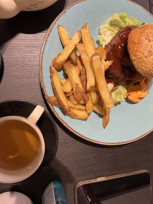 Burger and chips   at Holy Cow in Edinburgh